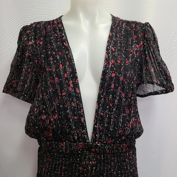Free People Baby Love Smocked Floral Print Dress Black Red Silver Metallic Large - Picture 4 of 16